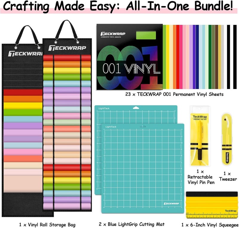 TECKWRAP Permanent Vinyl Bundle All-in-One Accessories, 21 Assorted Colors (12"x12") Sheets, Squeegee, Pin Pen, Tweezers, 2PCS Cutting Mats, Vinyl Storage Bag for Crafting - Image 2